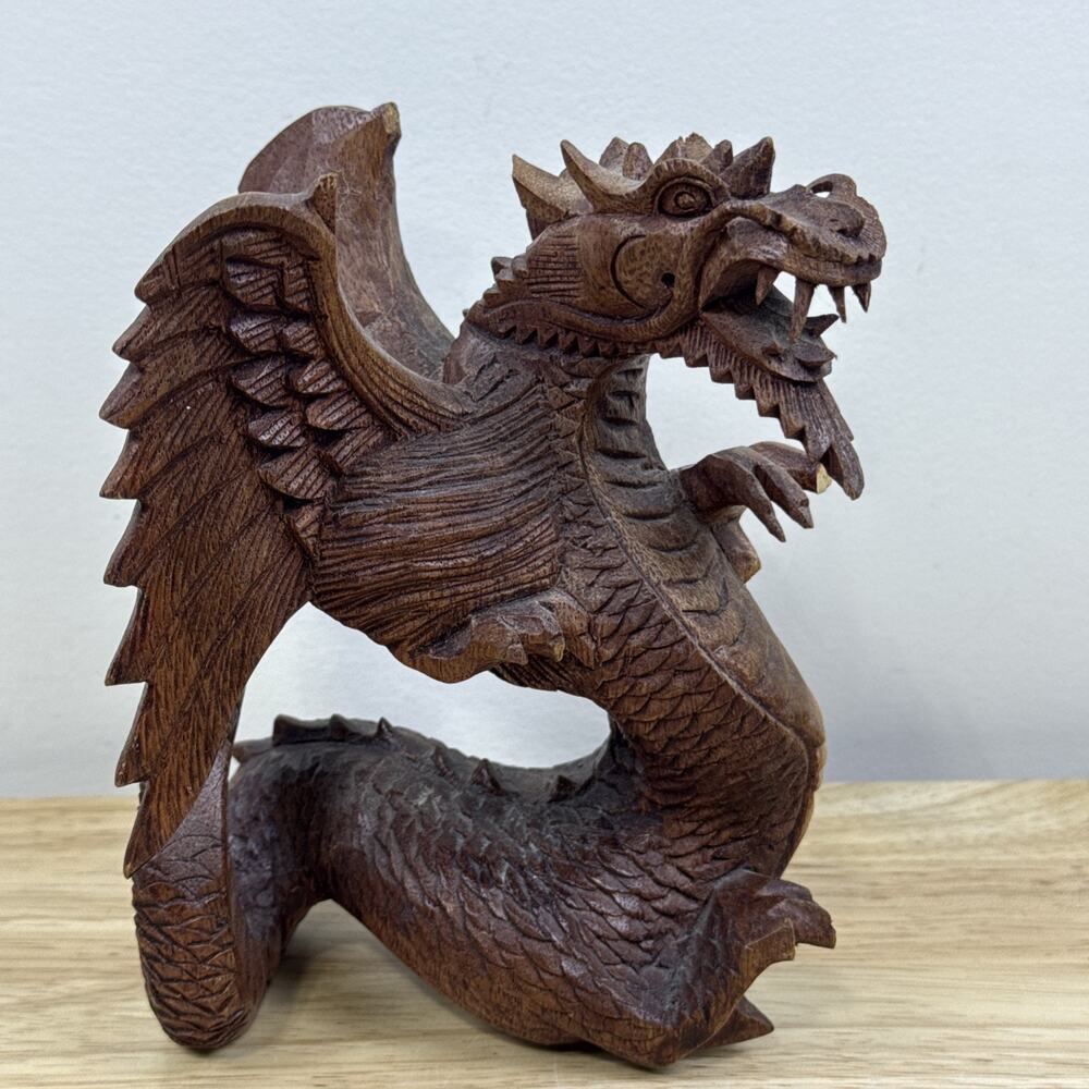 Hand-Carved Winged Dragon Sculpture Approx 6"x5" Wood Fantasy Mythology READ